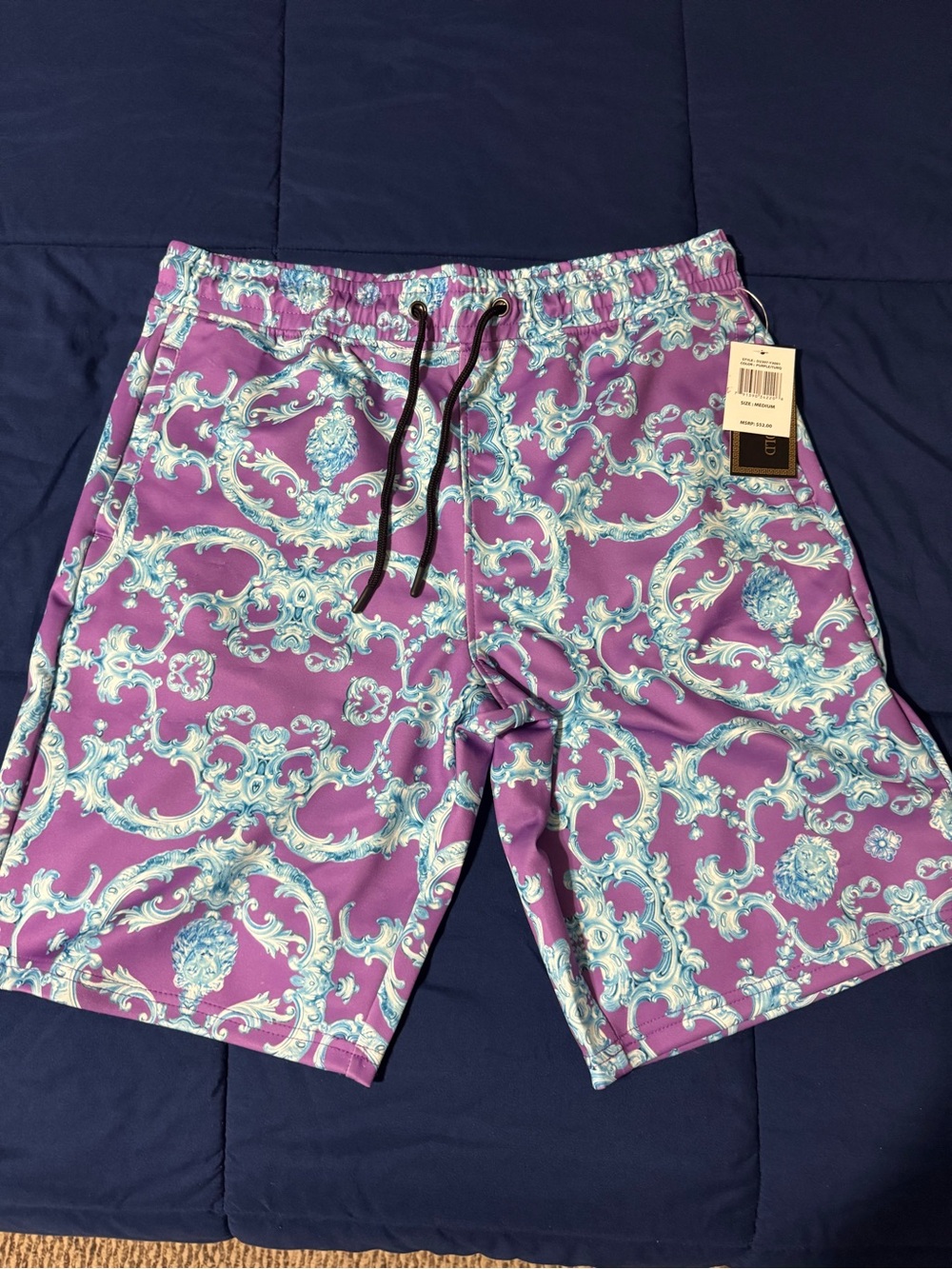 Men's Medium Purple Baroque Gold Print Shorts with Light Blue Scrolls